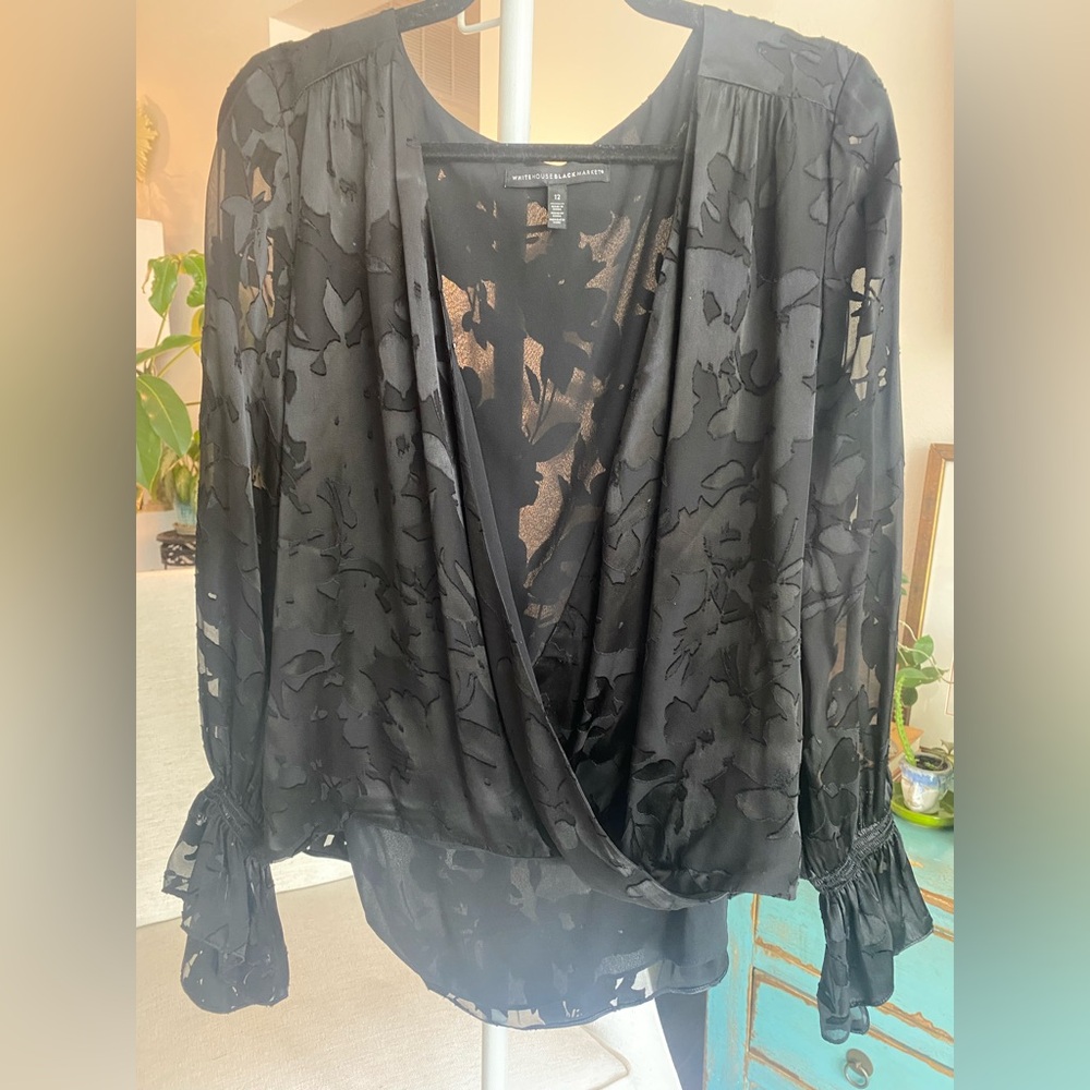 Vince Camuto Black Sheer Floral Wrap Blouse